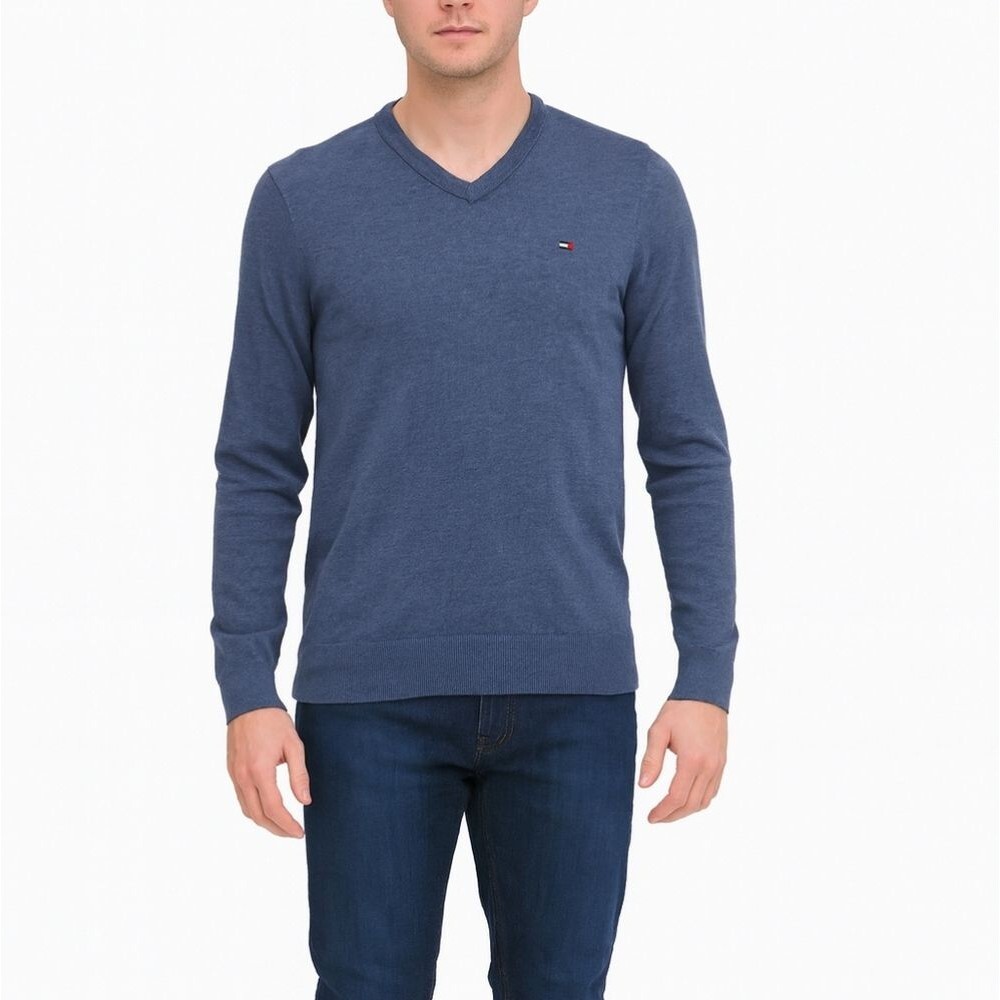 Tommy Hilfiger Blue Cotton V-Neck Sweater Size S Old Money Retro Prep Classic